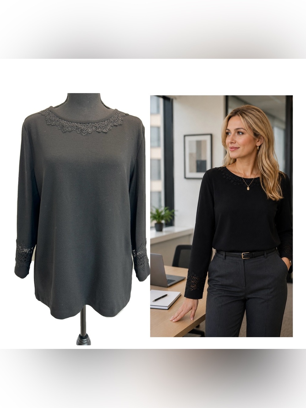 Karl Lagerfeld black long sleeve top blouse with lace detail Sz M